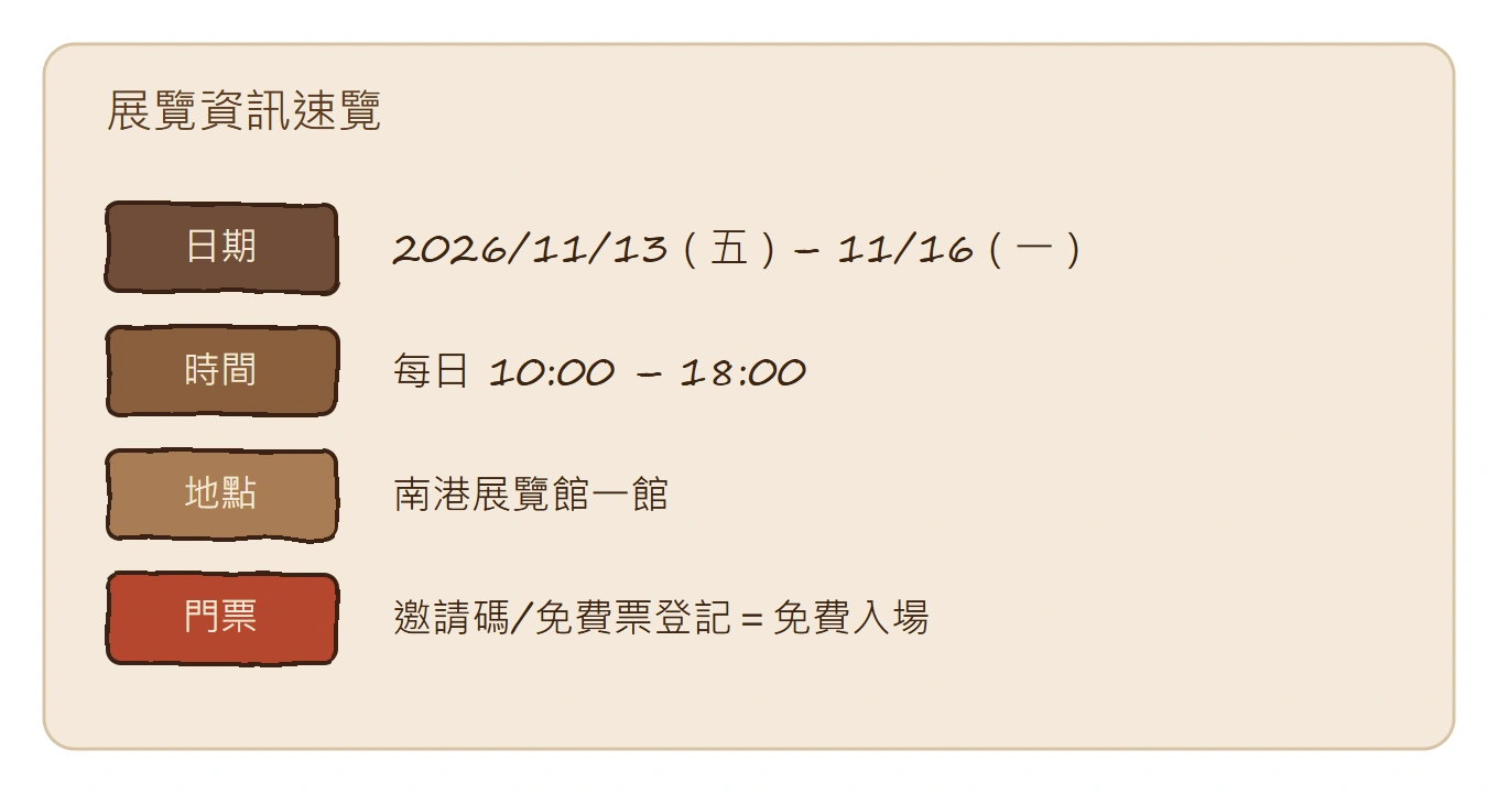 2026 臺灣國際咖啡展資訊速覽：日期11/13-16、地點南港展覽館一館、邀請碼免費票登記免費入場